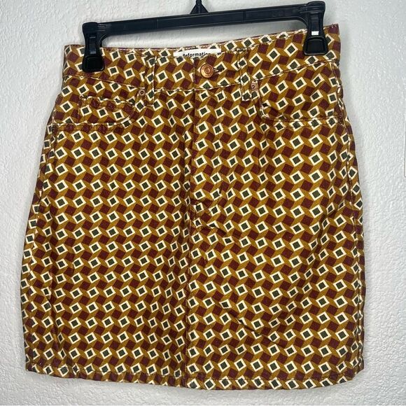 Reformation Jeans Patterned Denim Mini Women’s Jean Brown/Burgundy Skirt Sz 26 - Picture 2 of 11